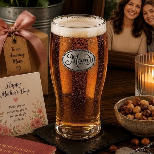 Pint glass with handmade pewter Mom elegant typography badge filled with golden beer