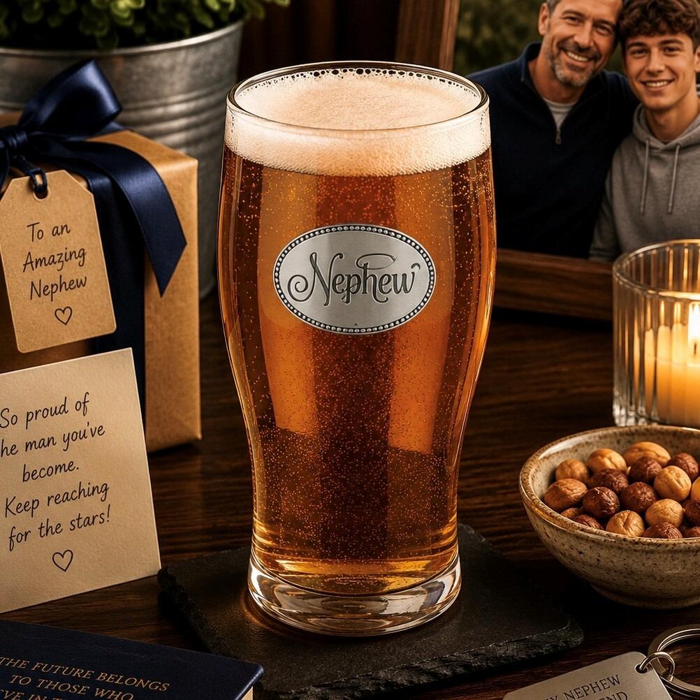 Pint glass with handmade pewter nephew elegant typography badge filled with golden beer