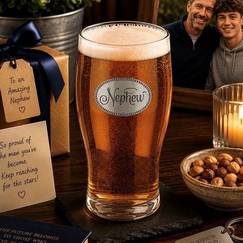 Pint glass with handmade pewter nephew elegant typography badge filled with golden beer