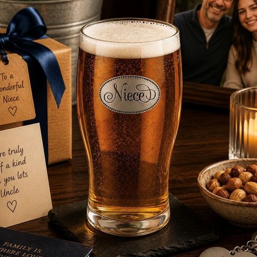 Pint glass with handmade pewter niece badge featuring elegant script lettering filled with golden beer