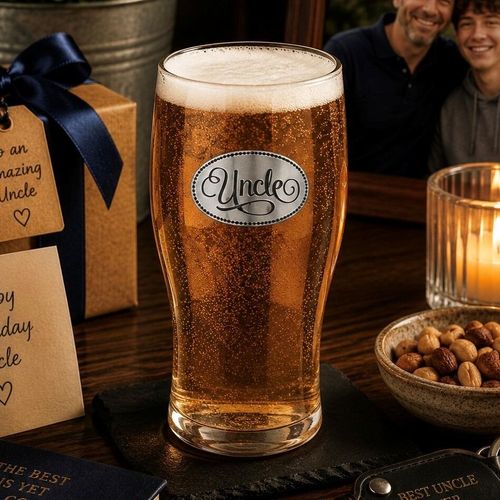 Pint glass with handmade pewter “Uncle” badge, filled with golden beer