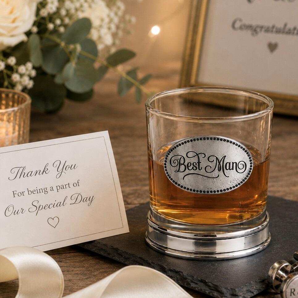 Whisky tumbler with pewter 'Best Man' badge and polished base, partially filled with amber liquid