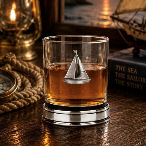 Whisky tumbler with pewter sailing boat emblem and polished base, partially filled with amber liquid