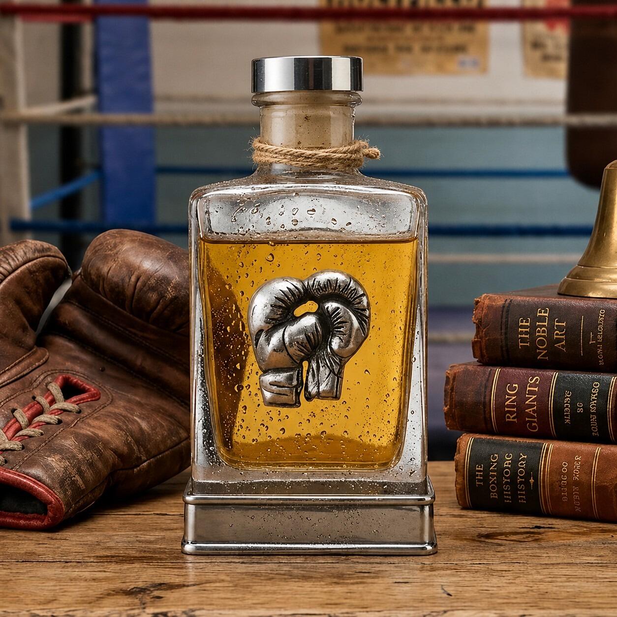 Handcrafted glass hip flask with pewter base featuring detailed boxing gloves emblem on front