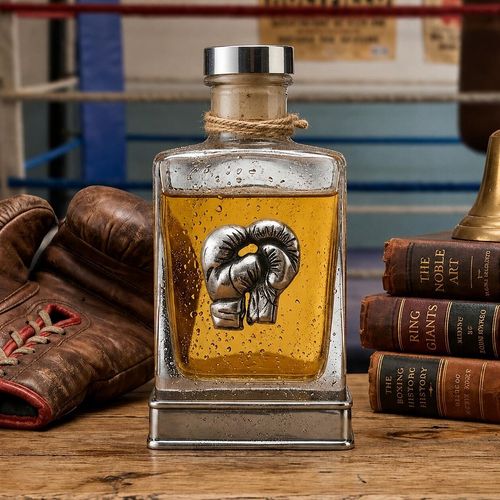 Handcrafted glass hip flask with pewter base featuring detailed boxing gloves emblem on front