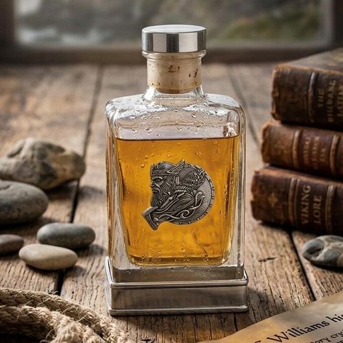 A glass flask with a pewter base and a handcrafted pewter Viking emblem on the front