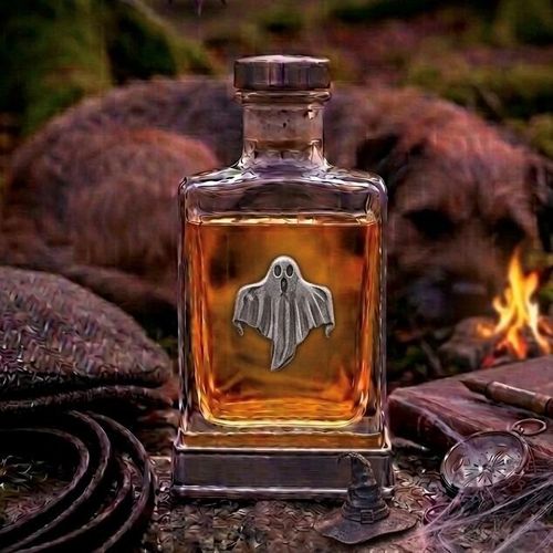 Glass whiskey flask featuring a pewter ghost emblem and metal base in a cozy campfire setting