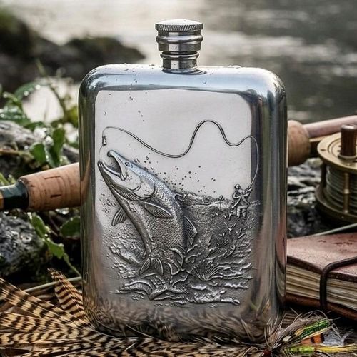Engraved pewter hip flask featuring a fisherman catching a jumping salmon, styled with outdoor fly fishing gear