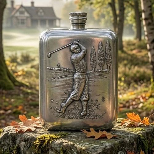 Pewter hip flask engraved with a vintage golfer mid-swing on a golf course, displayed outdoors on a mossy stone with autumn leaves