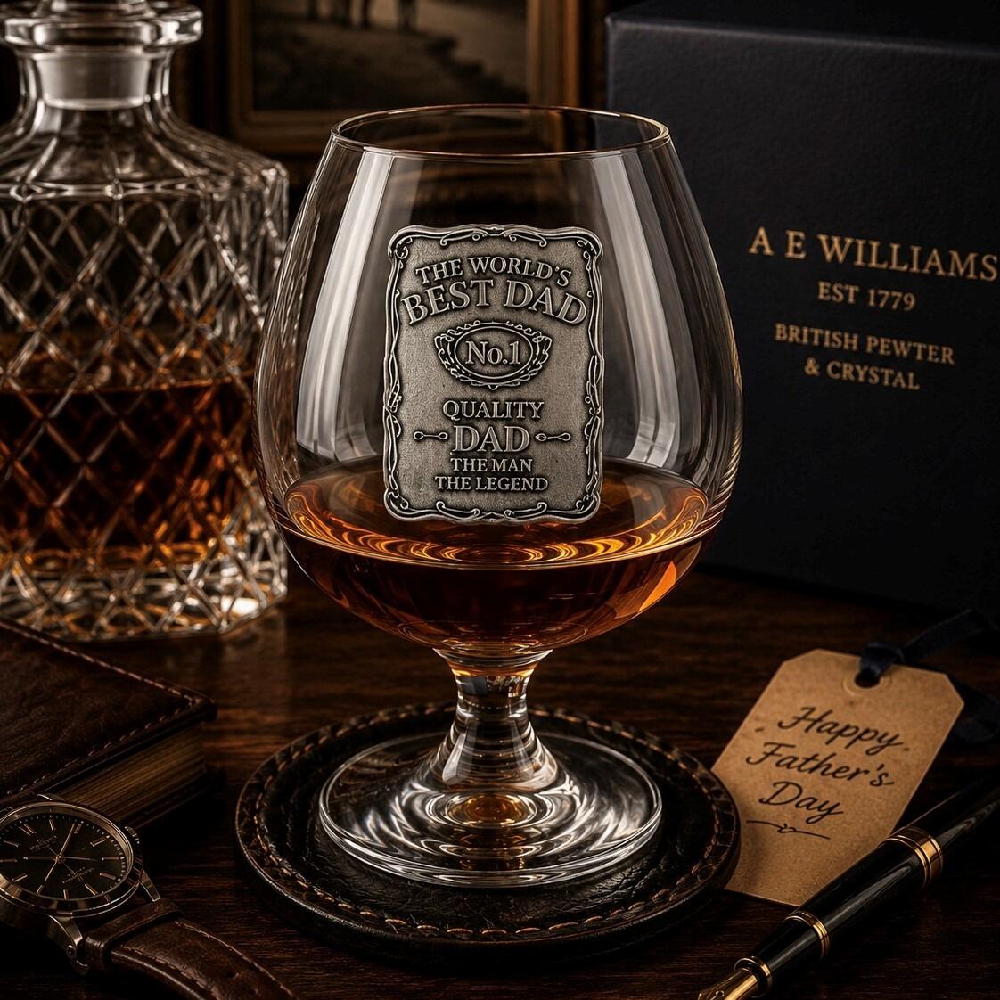 A Brandy Glass with The Worlds Best Dad on a Pewter Label