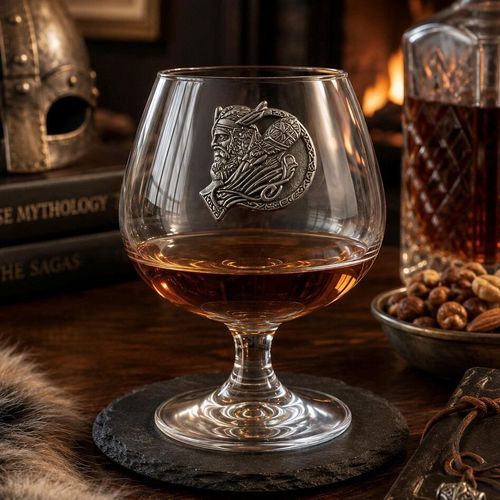 Crystal brandy glass with pewter Viking Warrior emblem, partially filled with amber liquid