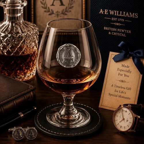 Brandy Glass with a Pewter A Monogram badge on the front
