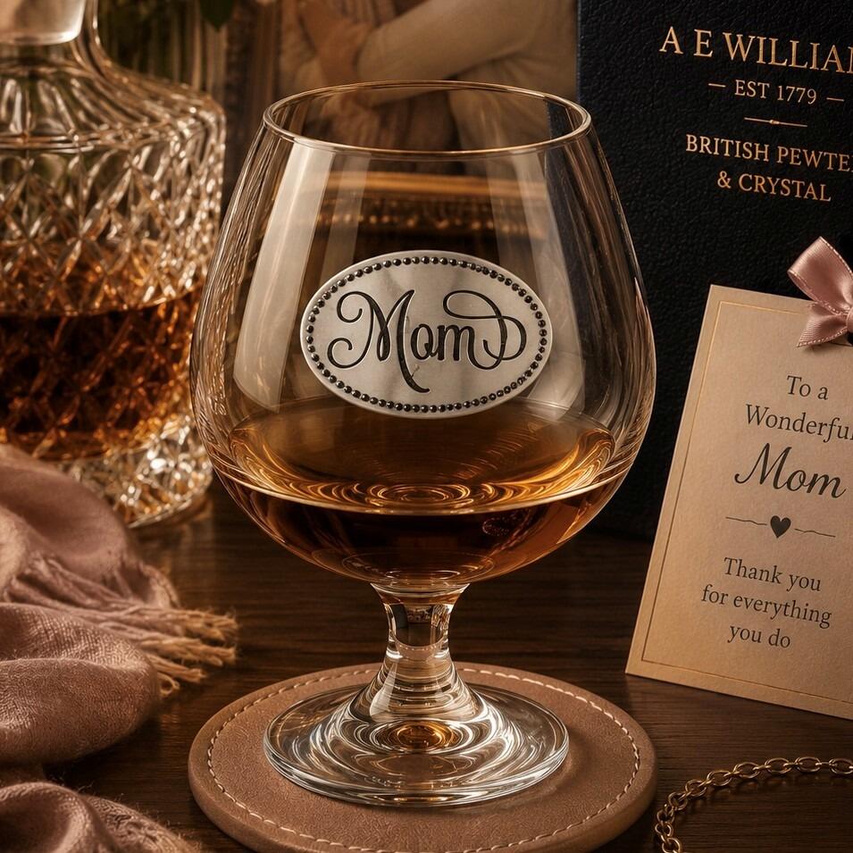 Crystal brandy glass with pewter "Mom" emblem, partially filled with amber liquid