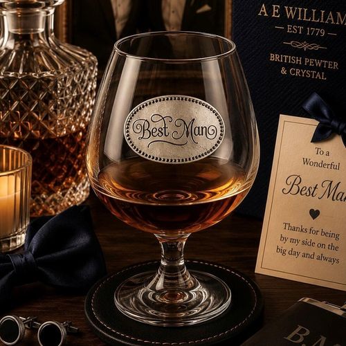 Brandy Glass with a Pewter badge that says "Best Man" on the front