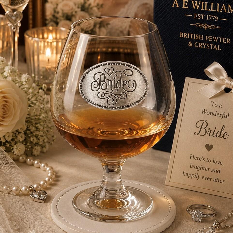 Brandy Glass with a Pewter Bride badge on the front