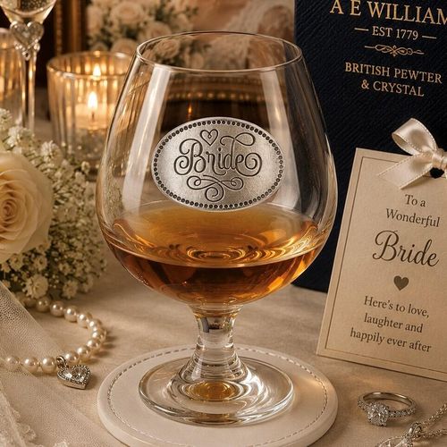 Brandy Glass with a Pewter Bride badge on the front