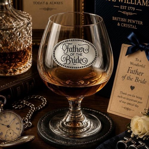 Crystal brandy glass with pewter "Father of the Bride" badge, partially filled with amber liquid