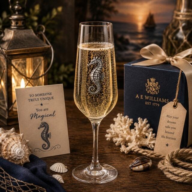 A Champagne Flute with a Pewter Seahorse badge on the front, filled with Champagne