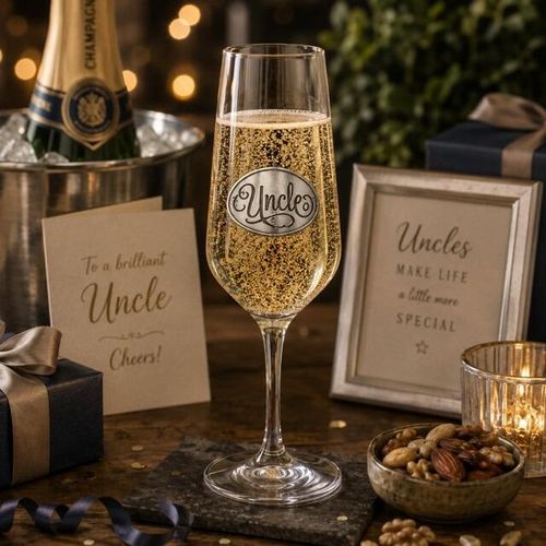 A Champagne Flute with a Pewter Uncle badge on the front, filled with Champagne