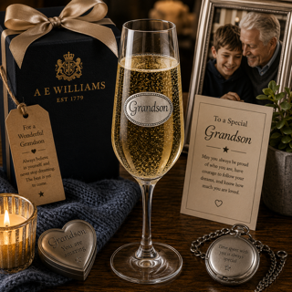 A Champagne Flute with a Pewter Grandson badge on the front, filled with Champagne