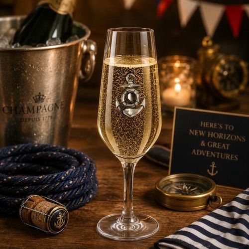 Crystal champagne flute with pewter anchor emblem, filled with bubbly champagne