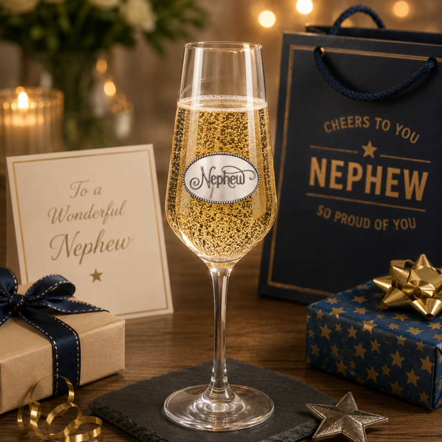 A Champagne Flute with a Pewter Nephew badge on the front, filled with Champagne