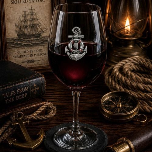 Wine glass with handcrafted pewter Anchor badge filled with red wine