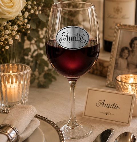 Wine glass with handcrafted pewter Auntie badge filled with red wine