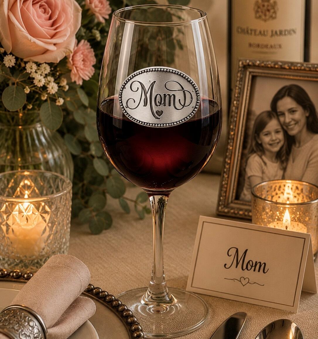 Wine glass with handcrafted pewter Mom badge filled with red wine