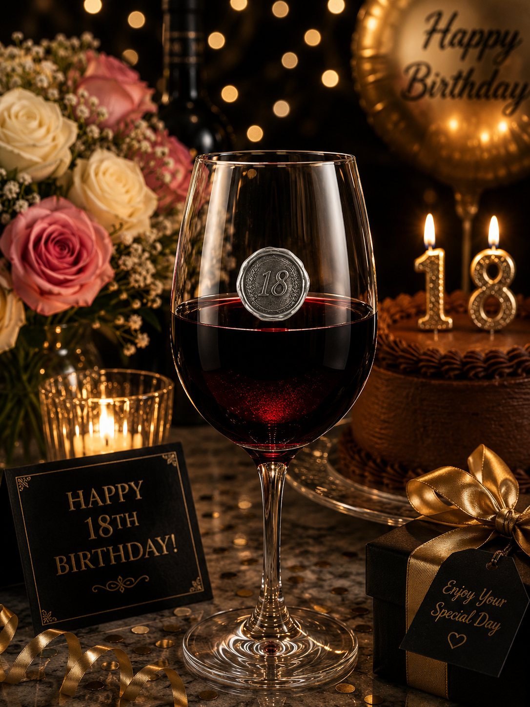 Wine glass filled with red wine, featuring a circular pewter medallion engraved with an ornate letter 'A' monogram, set against a festive table display with white roses and candlelight