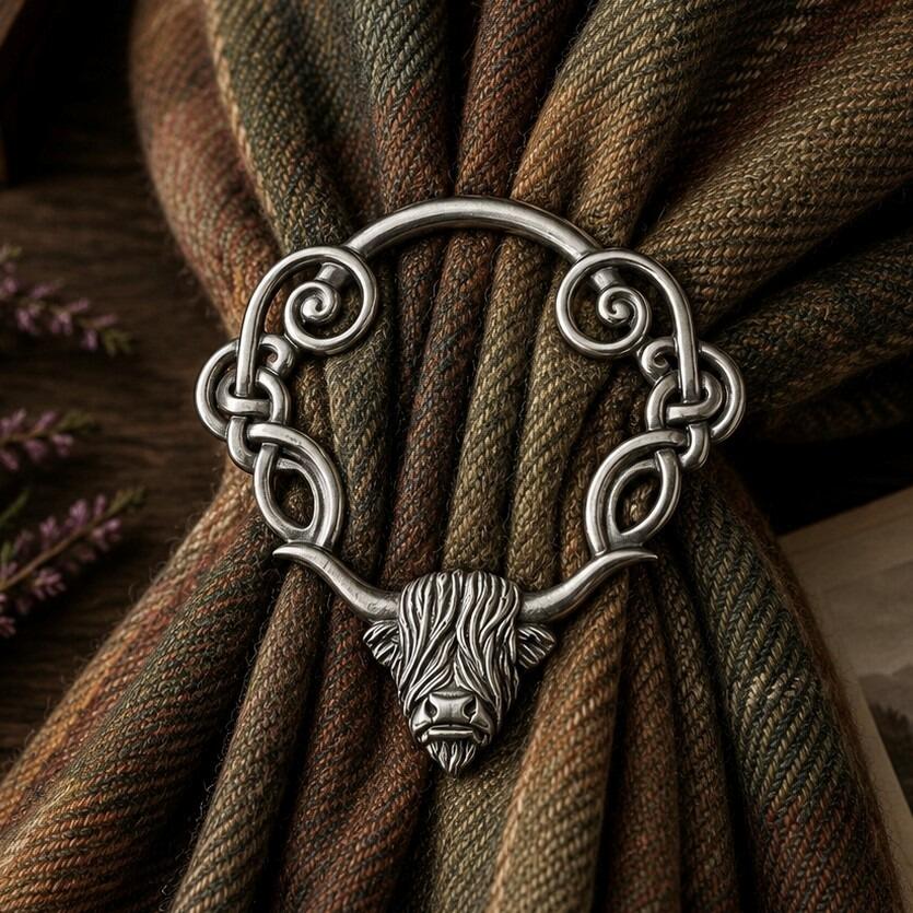 Pewter scarf ring featuring a Scottish Highland cow head with long horns that extend into Celtic swirl openwork, cinching a brown and green tartan scarf