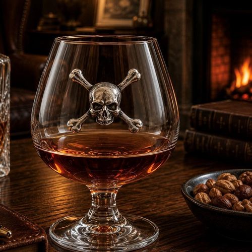 Crystal brandy glass with pewter skull and crossbones emblem, partially filled with amber liquid
