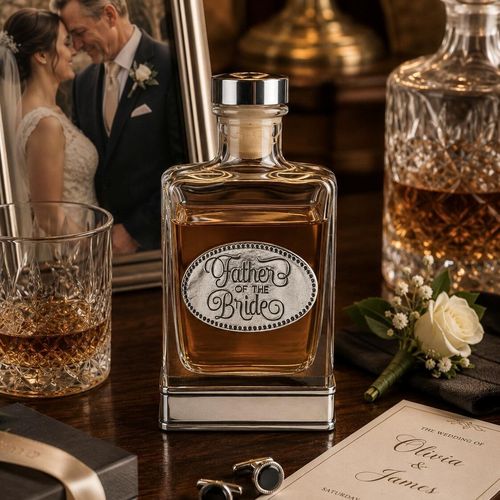 Handcrafted glass hip flask with pewter base featuring detailed father of the bride emblem on front
