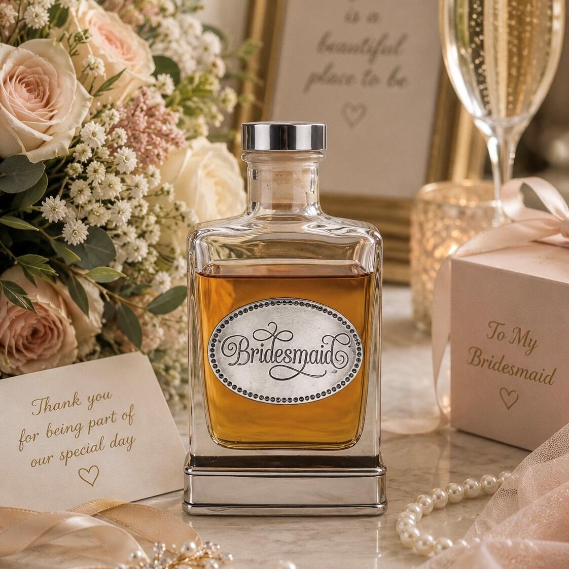 Handcrafted glass hip flask with pewter base featuring detailed bridesmaid emblem on front