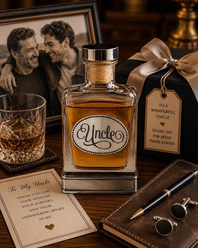 A glass flask with a pewter base and a handcrafted pewter “Uncle” emblem on the front
