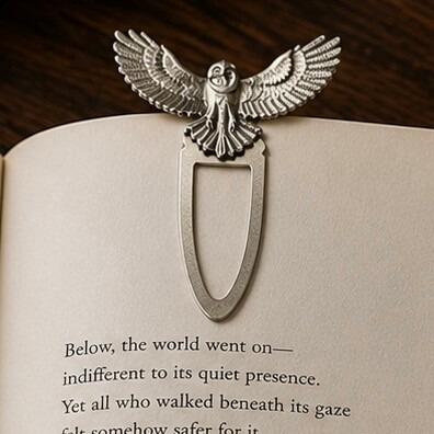 Handcrafted pewter flying owl metal clip bookmark resting on open book page