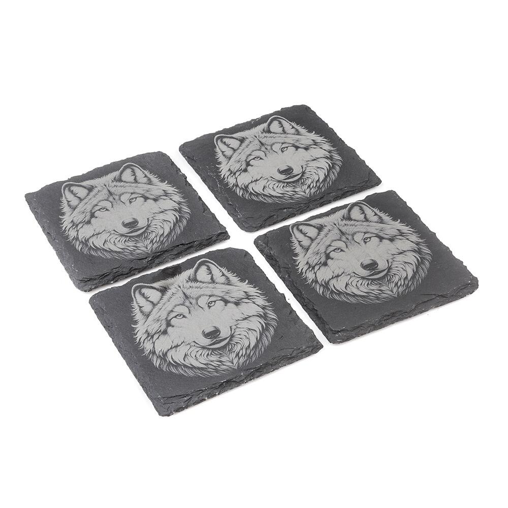 Set of four natural slate coasters with etched Wolf design