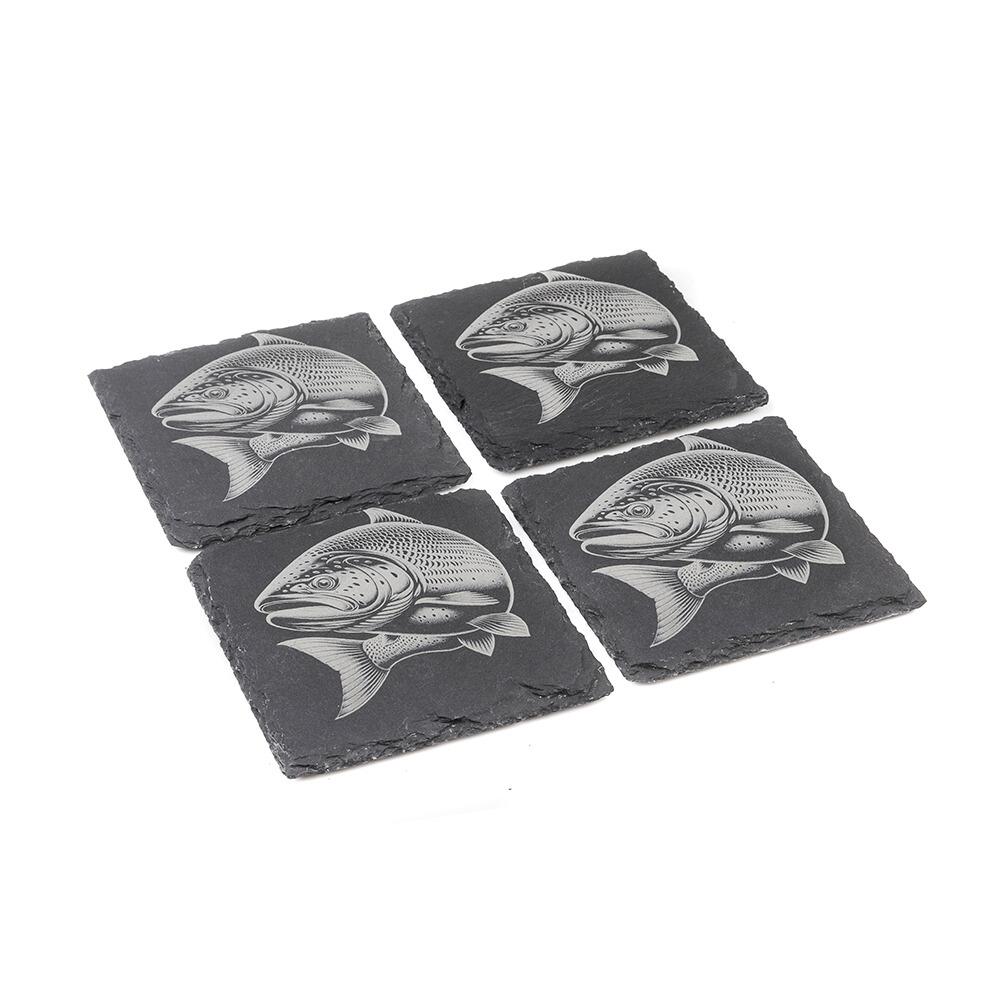 Set of four natural slate coasters with etched Salmon design
