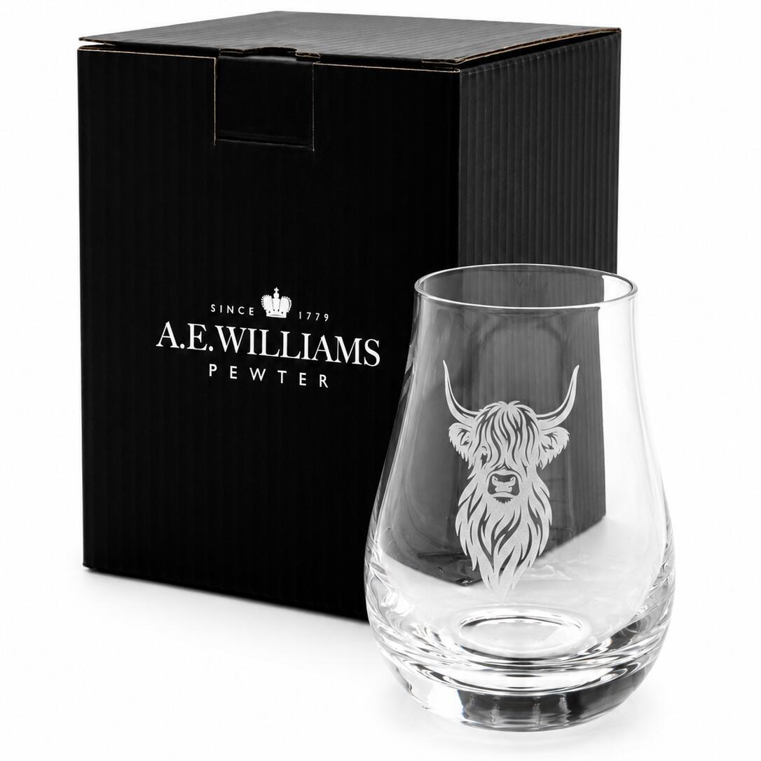 Highland cow engraved whisky tasting glass presented beside an A E Williams gift box