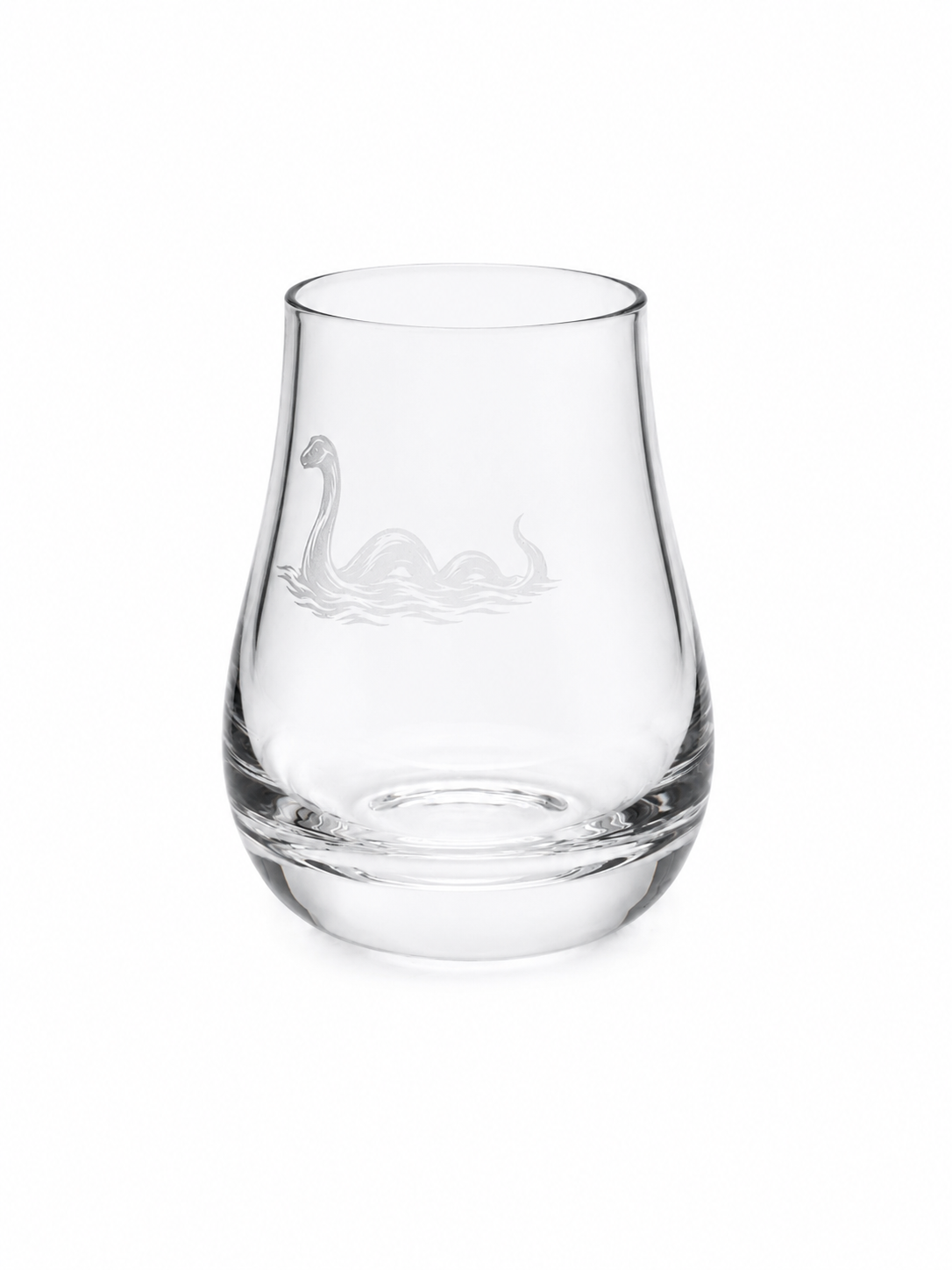 Clear tulip-shaped whisky tasting glass with engraved Loch Ness Monster design