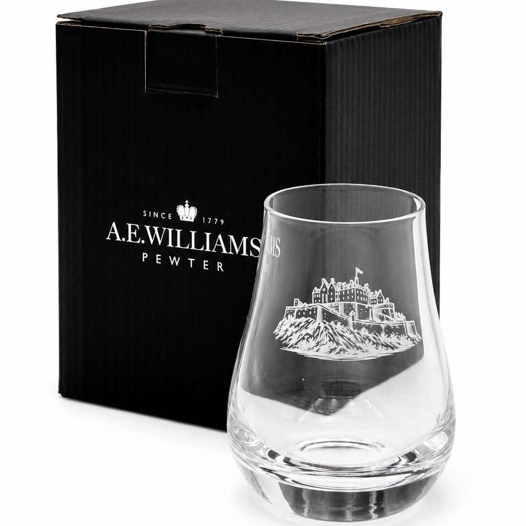 Edinburgh Castle engraved whisky tasting glass presented beside an A E Williams gift box