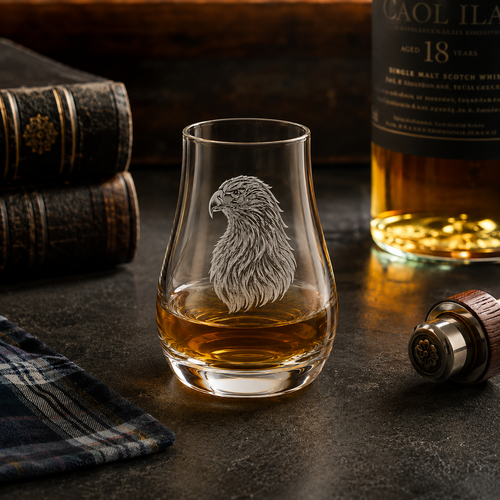 Eagle engraved whisky tasting glass with Scotch whisky in a Bar setting