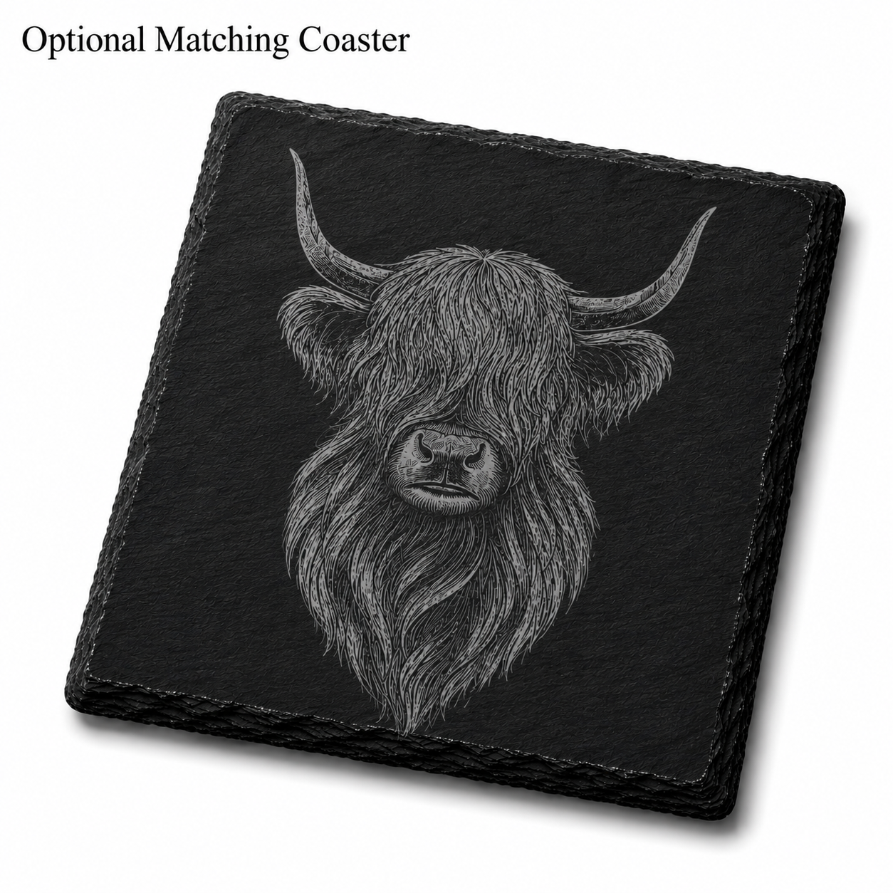 A Slate Coaster with a Highland Cow engraved onto the surface