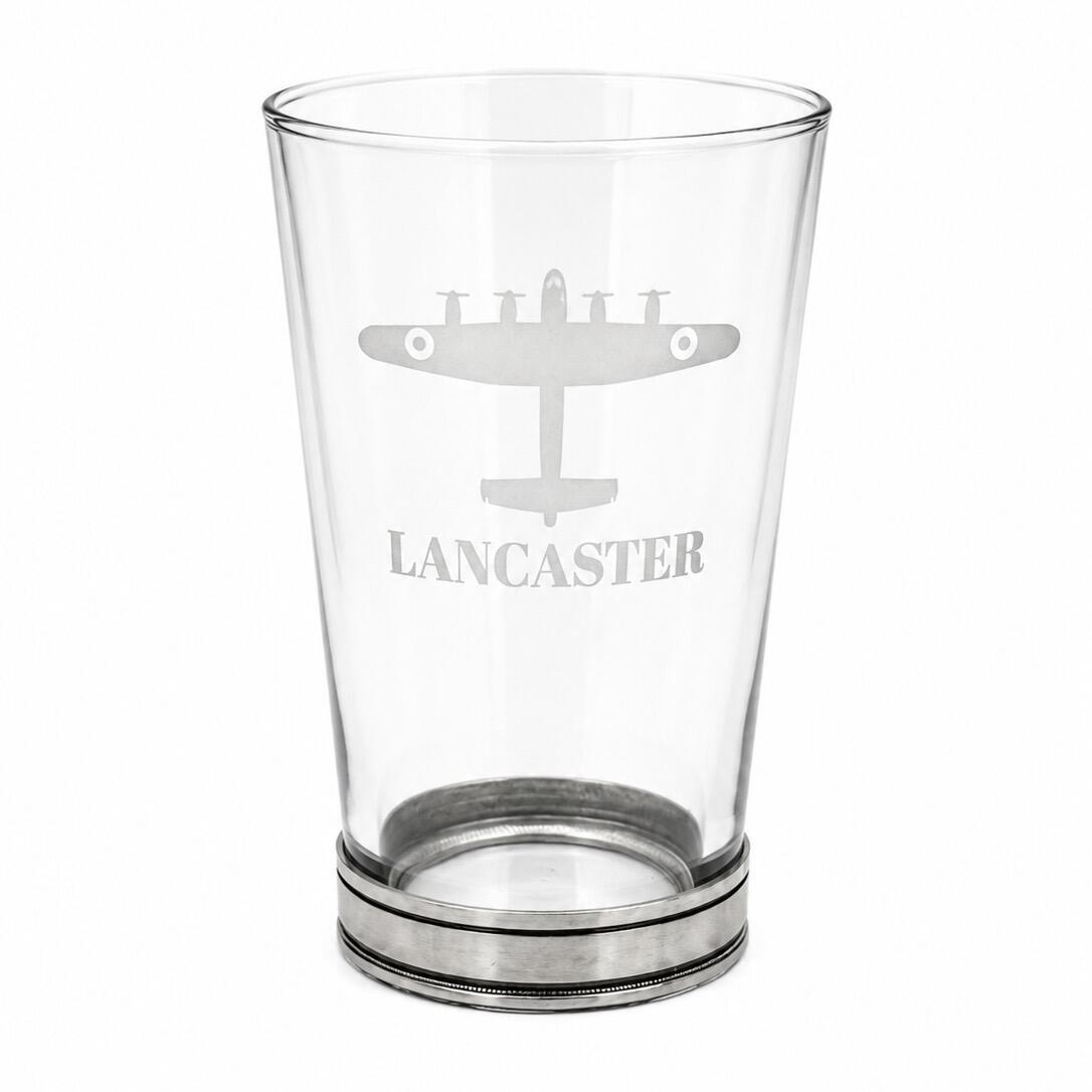 Lancaster Bomber engraved UK pint glass with handmade polished pewter base front view