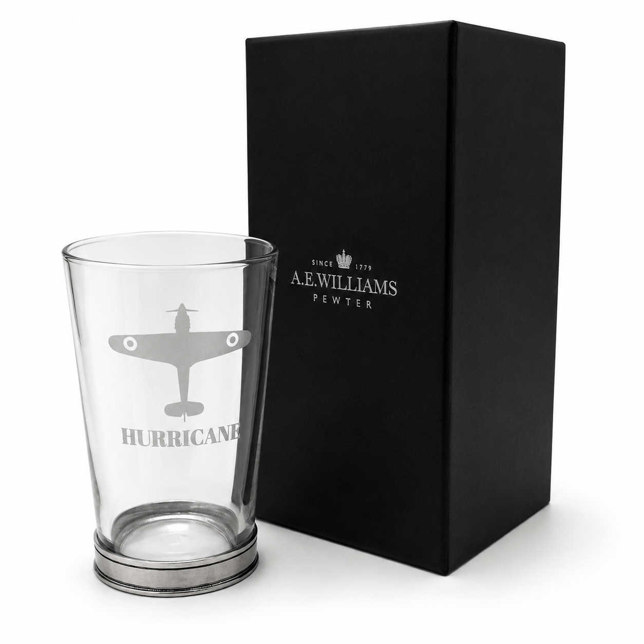 Hurricane engraved pint beer glass with A E Williams presentation gift box