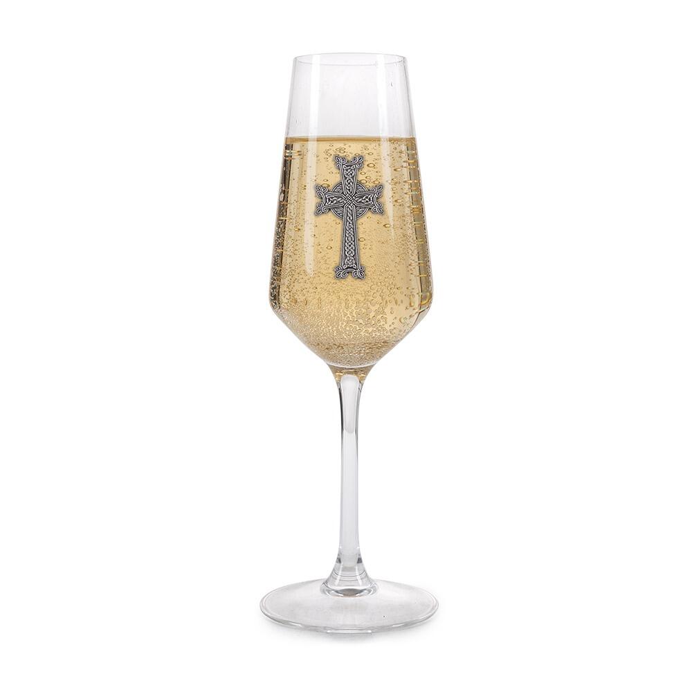 A Champagne Flute with a Pewter Cross badge on the front, filled with Champagne