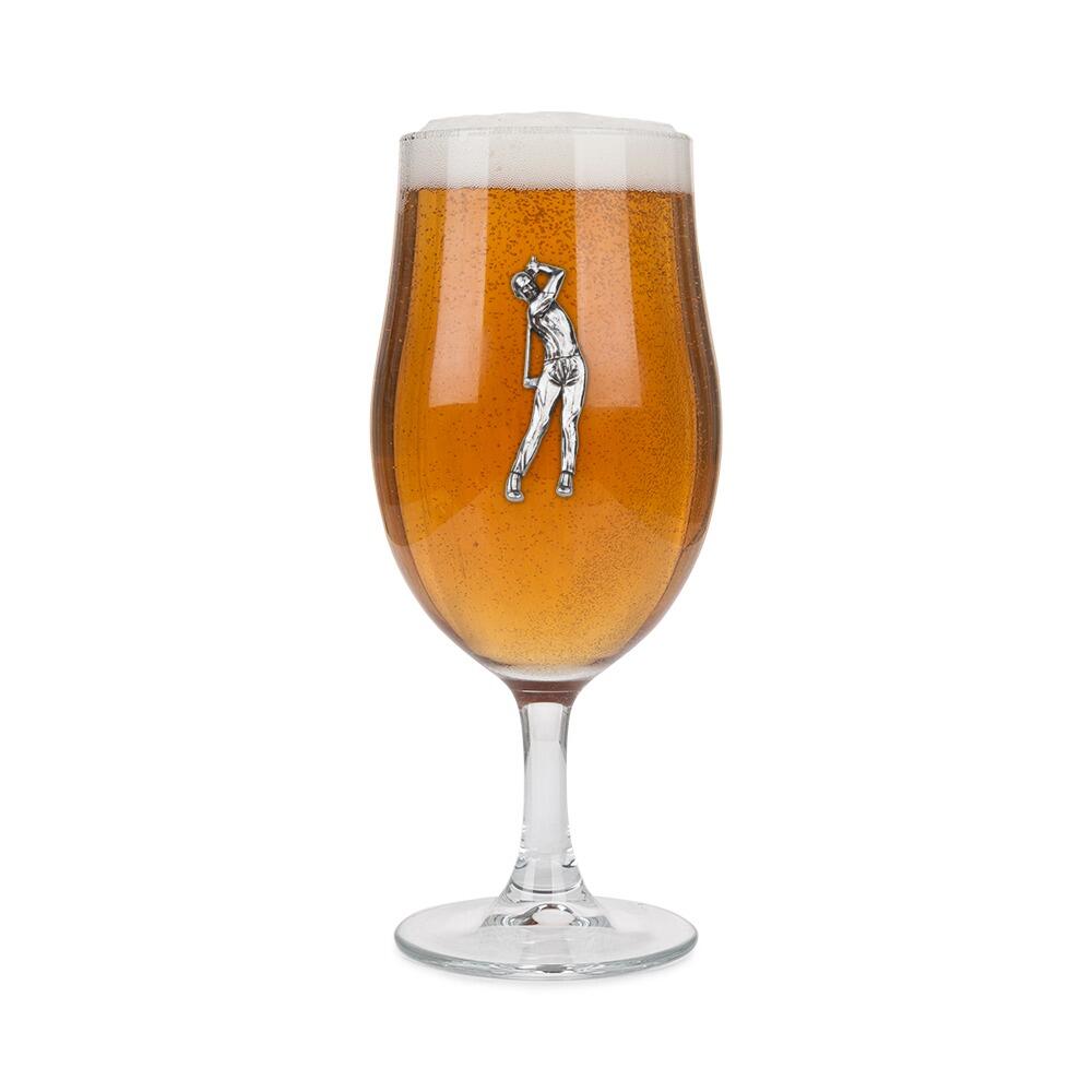 A Stemmed Pint Beer Glass with a Pewter Golf badge on the front, filled with Beer