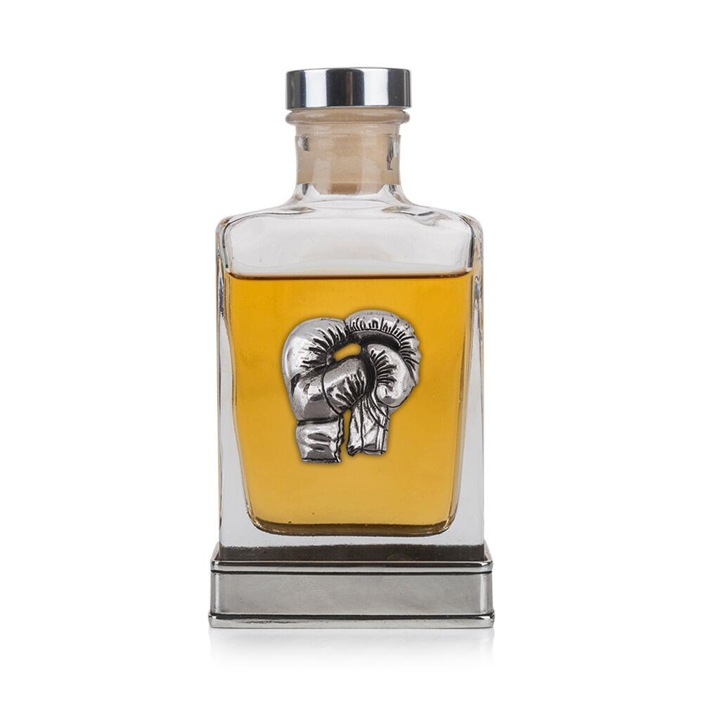 Handcrafted glass hip flask with pewter base featuring detailed boxing gloves emblem on front