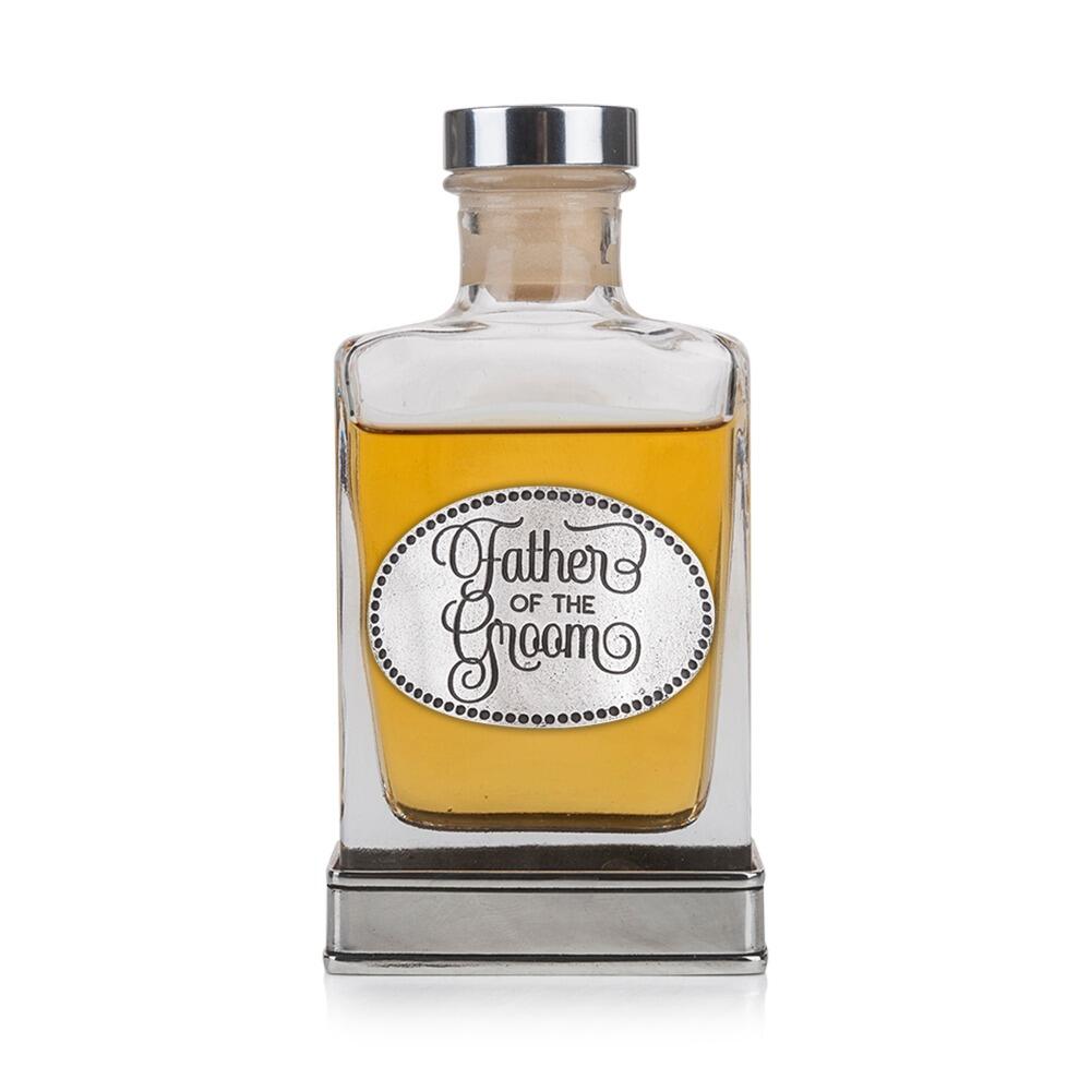 Handcrafted glass hip flask with pewter base featuring detailed father of the groom emblem on front