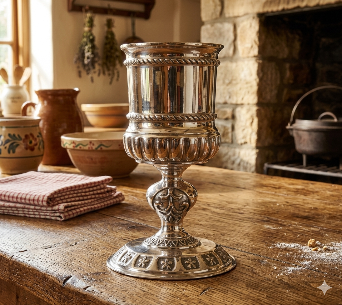 A highly ornate, traditional Canterbury-style pewter goblet with a brightly polished metallic finish. The goblet features a structured cylindrical bowl detailed with two horizontal rope-twist bands and a fluted, gadrooned lower section. It stands on an elegant baluster stem with raised fleur-de-lis style scrollwork, leading down to a wide, flared circular base decorated with embossed panels of small flowers